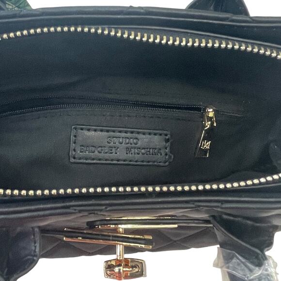 Badgley Mischka Black Quilted Tote Bag Small Vegan Leather Front Lock Crossbody - Picture 7 of 8